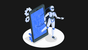 An isometric image of a robot standing next to a smartphone.