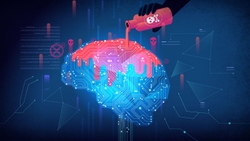 Image of a hand pouring pink ink on human brain