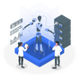An isometric image of a robot and two people.